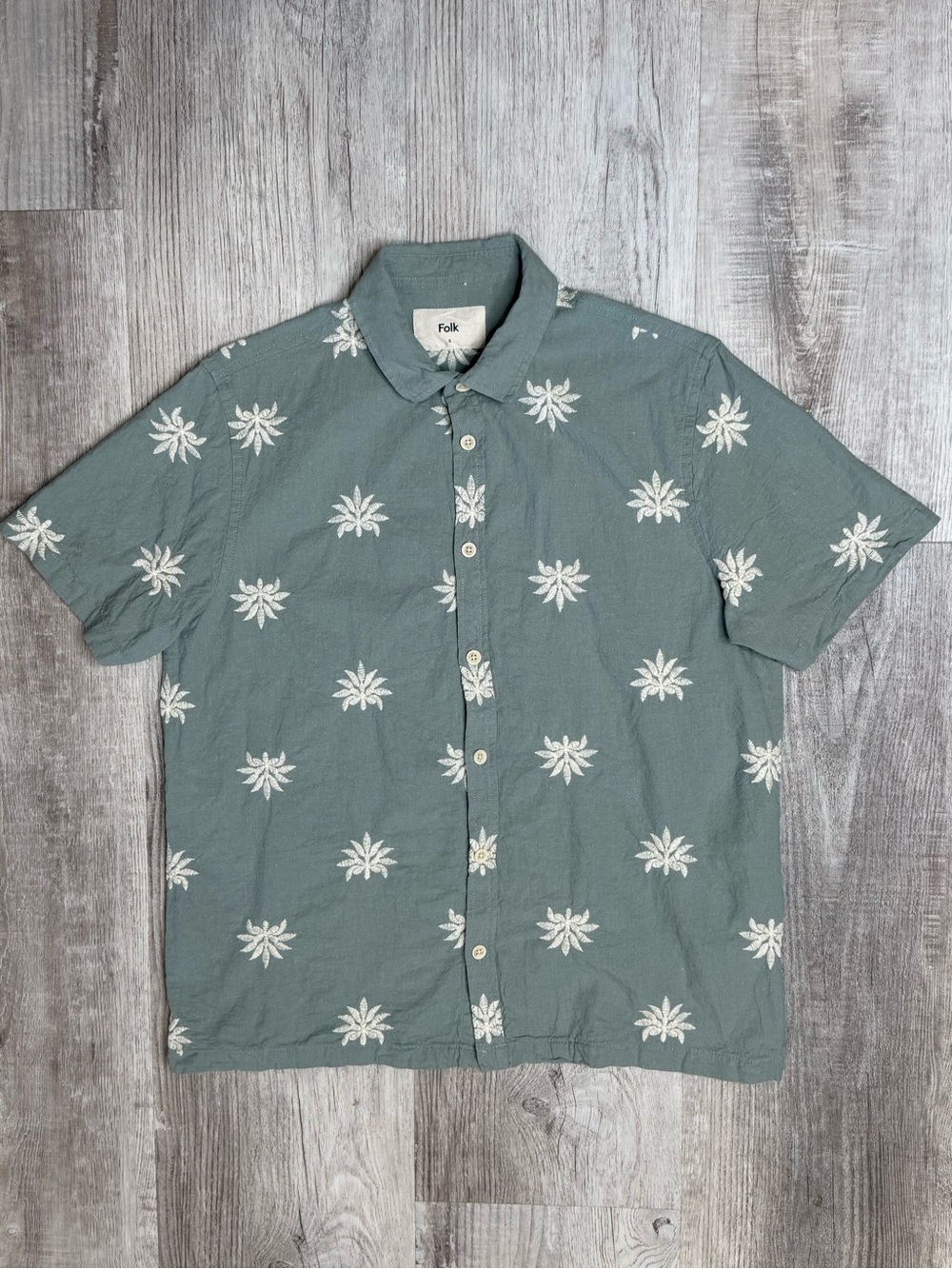 Folk London Conway Embroidered Linen-Blend Short Sleeve Shirt Mens S Sage Green